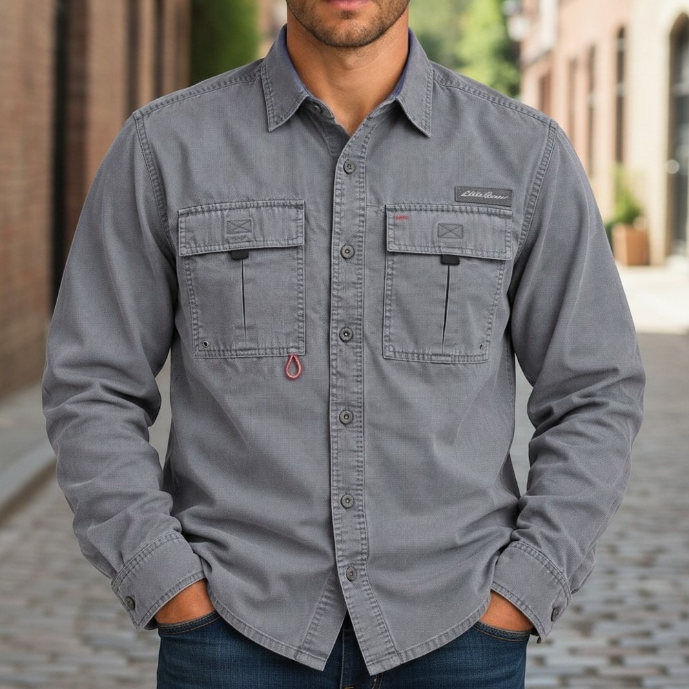 Eddie Bauer Shirt Large Grey Good Classic Long Sleeve Utility Button Down